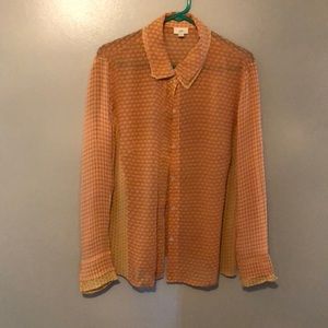 Pretty blouse.  Salmon colored with other similar colors.   Size M from JJill.